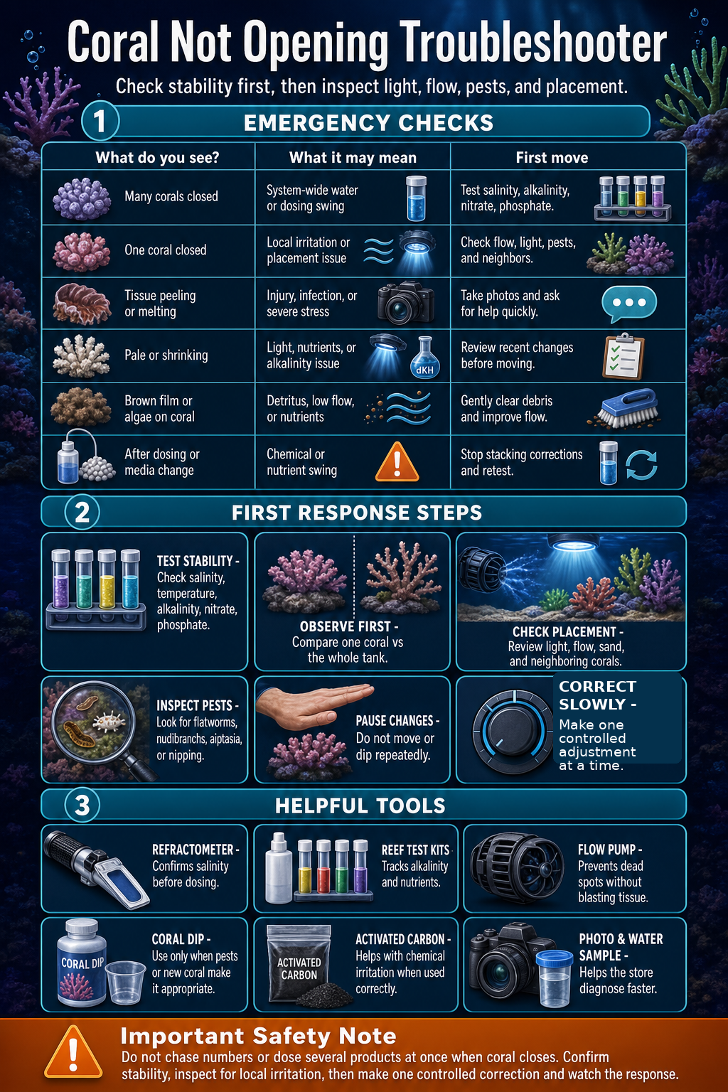 Coral not opening troubleshooter chart with emergency checks, first response steps, helpful tools, and an important safety note